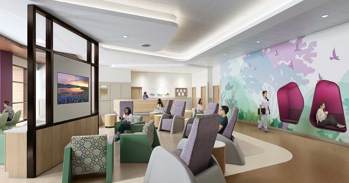 Rendering of a community room at a behavioral healthcare facility