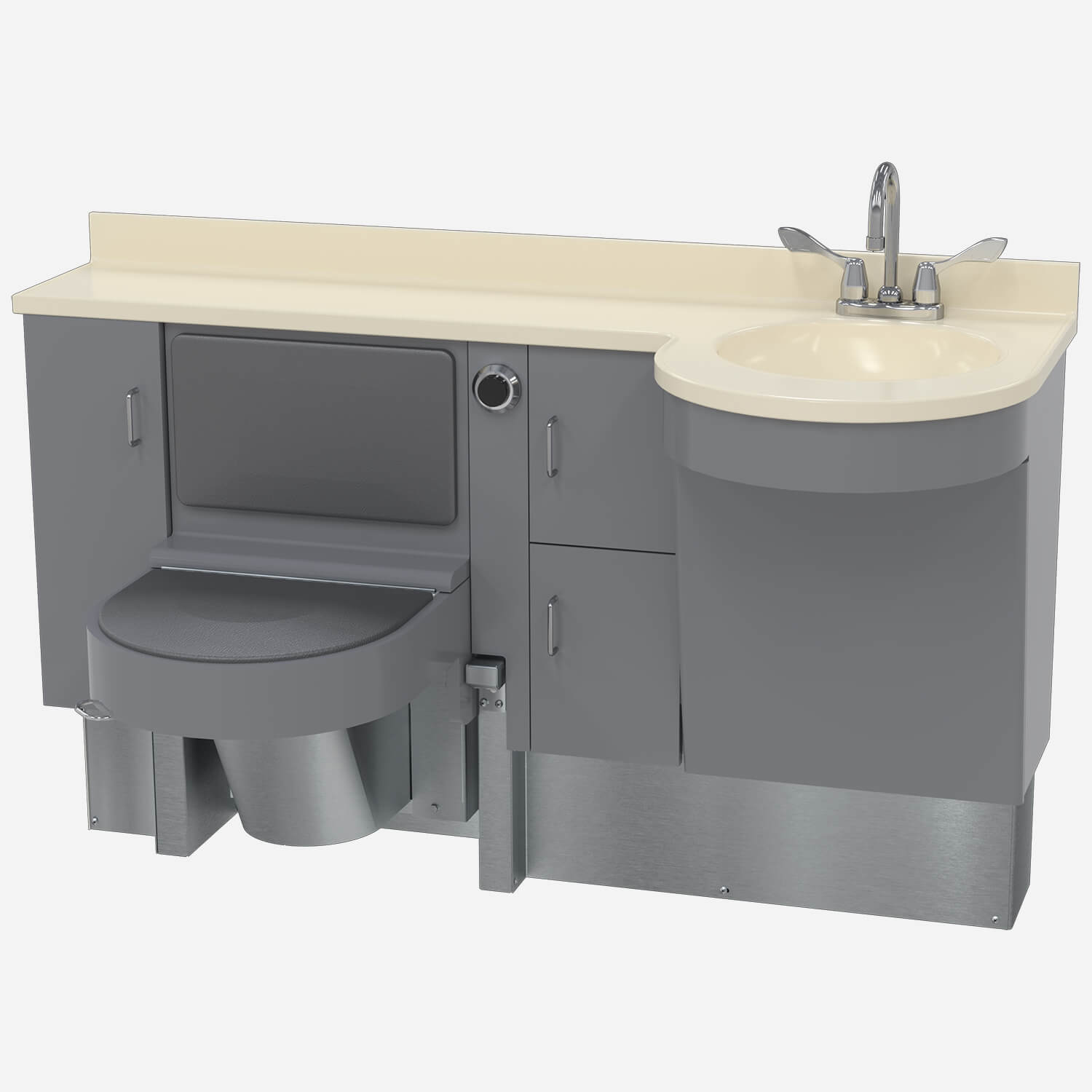 58.875" Wide Stainless Steel Frame Cabinet, Fixed Toilet with Bed Side Seat/Cover, D-Shaped Lavatory