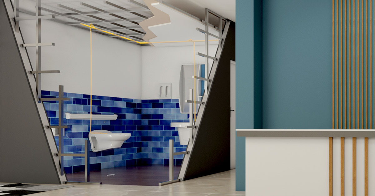 Cutaway of a bathroom under construction showing placement of vacuum plumbing pipes