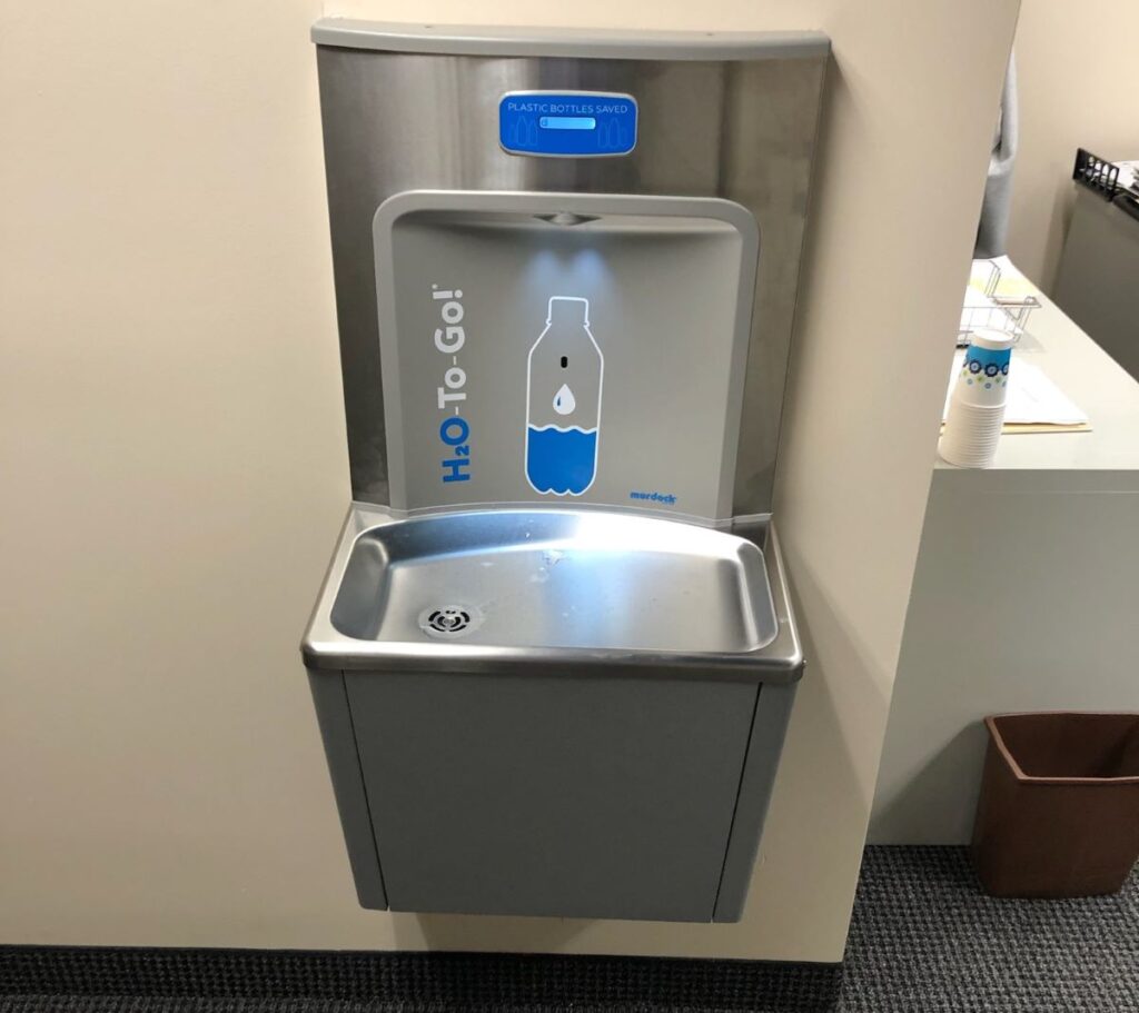 Murdock water bottle filler installed in a corporate office near a communal space.