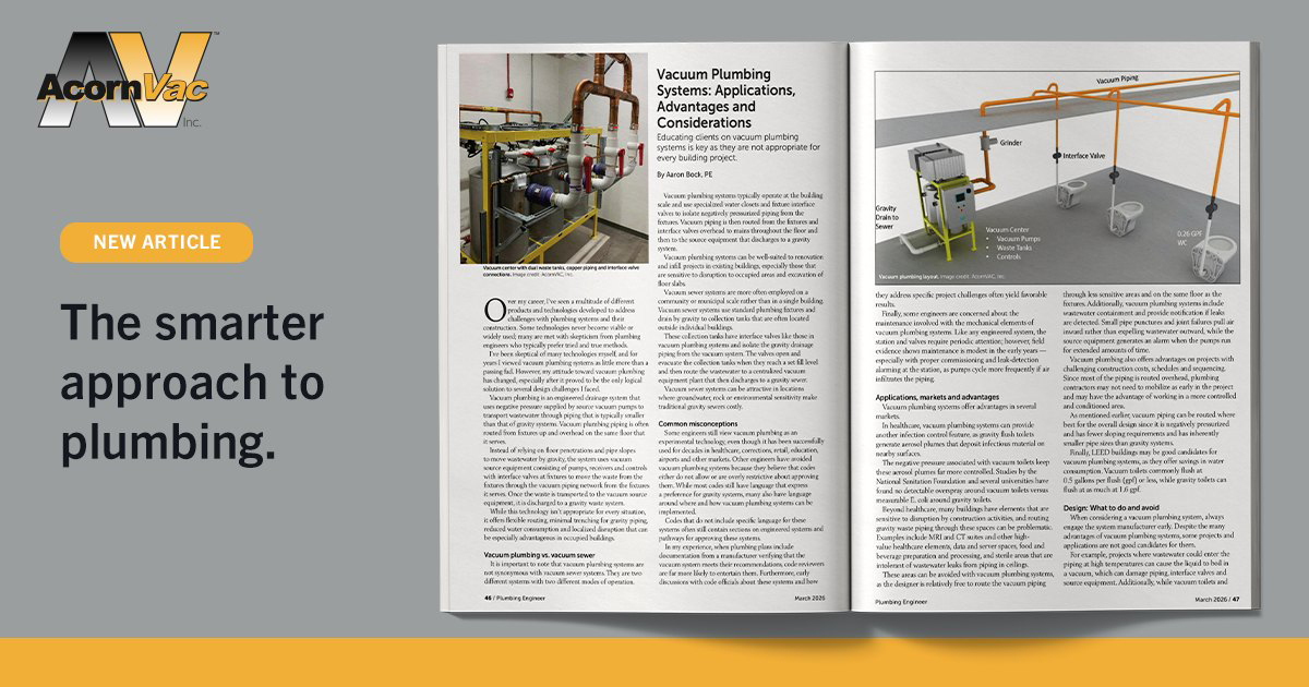 Vacuum Plumbing Systems Spotlighted in Plumbing Engineer