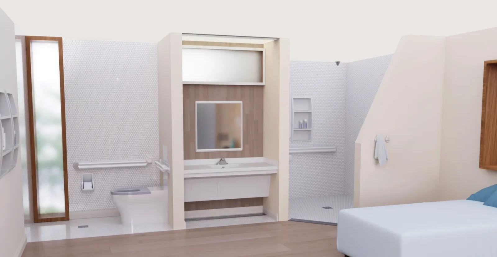 Behavioral healthcare patient room with a BestCare solid surface toilet, grab bars, toilet paper holder, alcove sink, mirror, linear floor drain and shelving