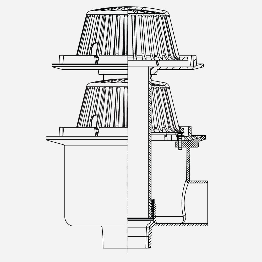 90° side drain with overflow dome
