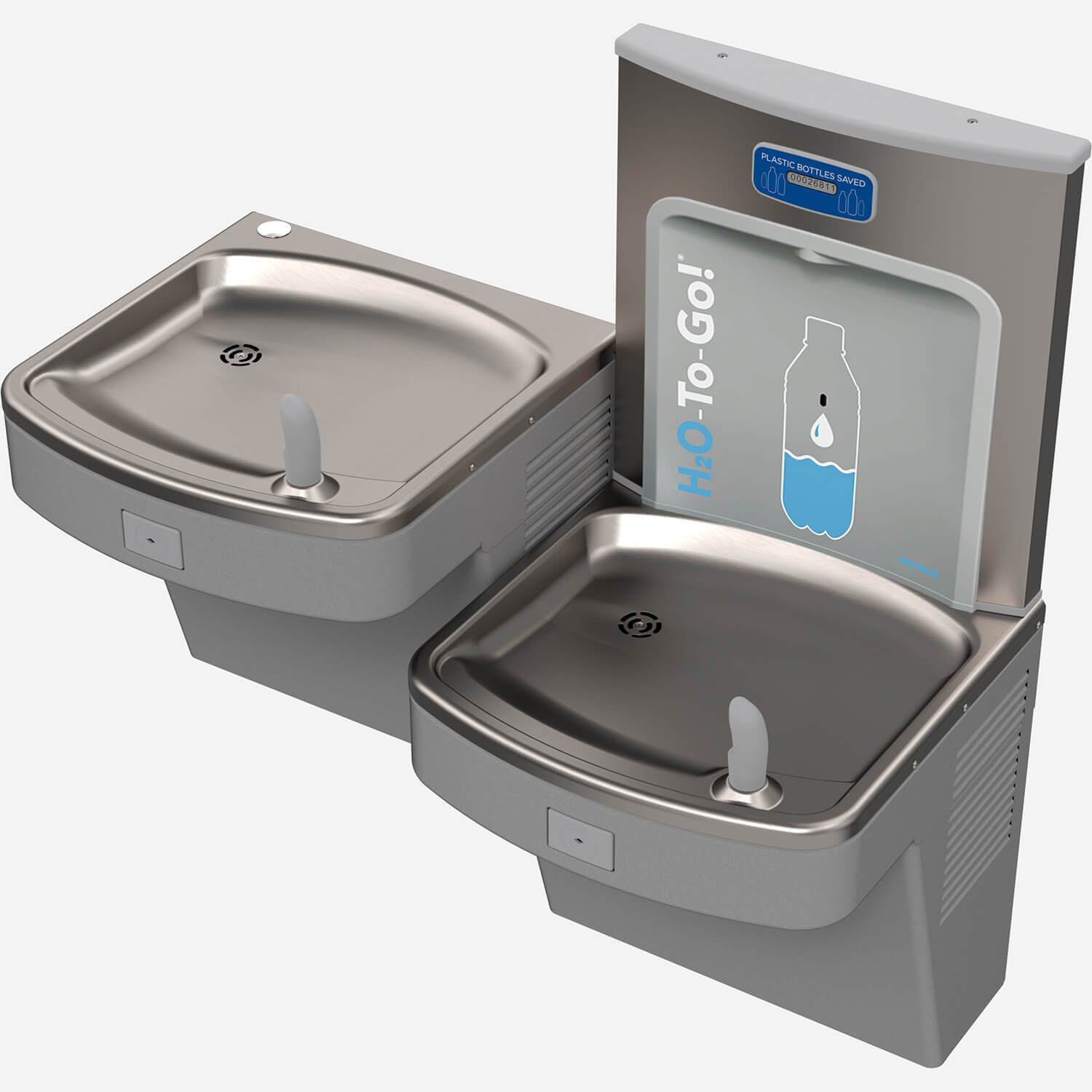 H2O-To-Go!® Deck Mount Bottle Filler on Barrier-Free, Wall Mounted Bi-Level Water Cooler