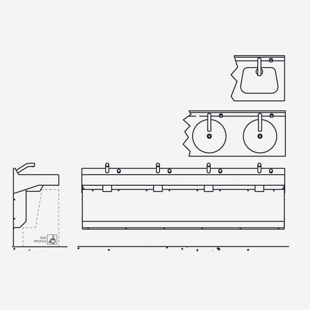 3714-1 Four-Station, Off-Floor, Wall Waste Outlet