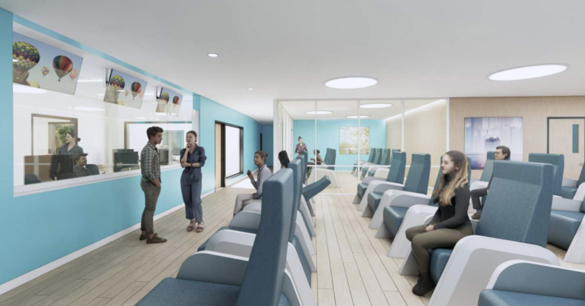 Common area with a calming blue palette