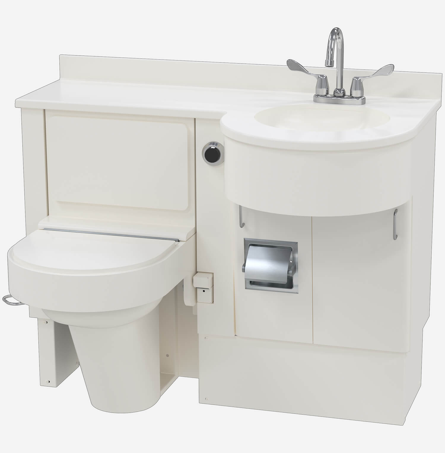 47" Wide Stainless Steel Frame Cabinet, Fixed Toilet with Bed Side Seat/Cover, D-Shaped Lavatory