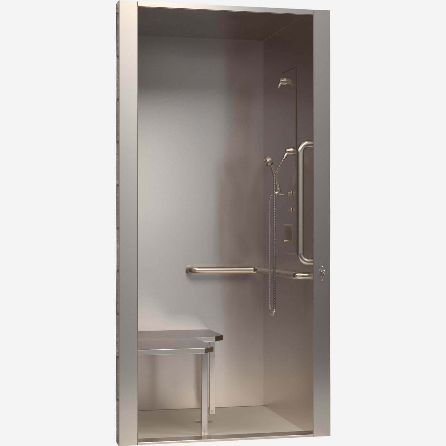 36" x 36" x 88" Height, ADA Stainless Steel Security Recessed Cabinet Shower