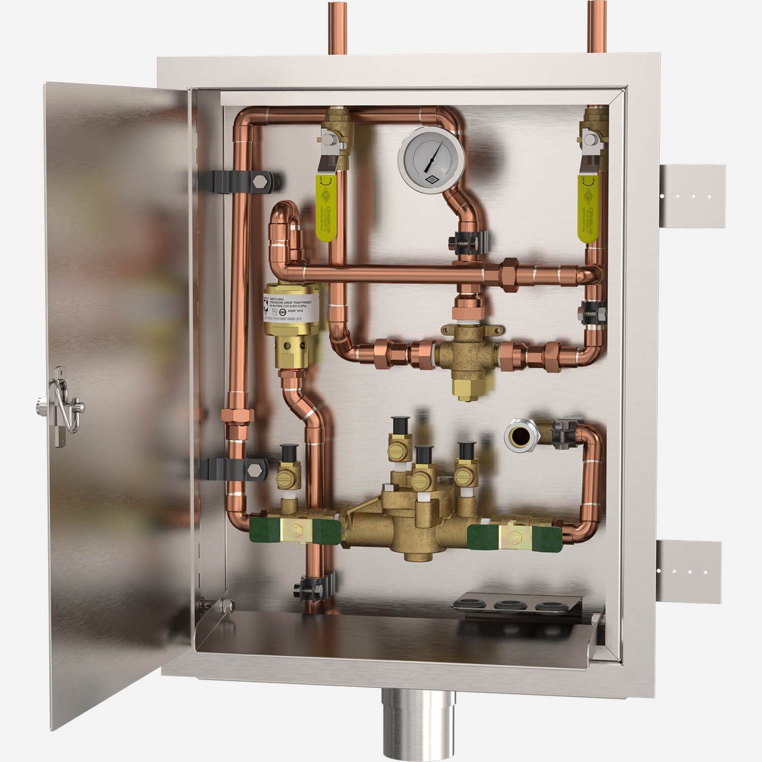 Dialysis Box with Backflow Preventer, Trap Primer, and Thermostatic Mixing Valve