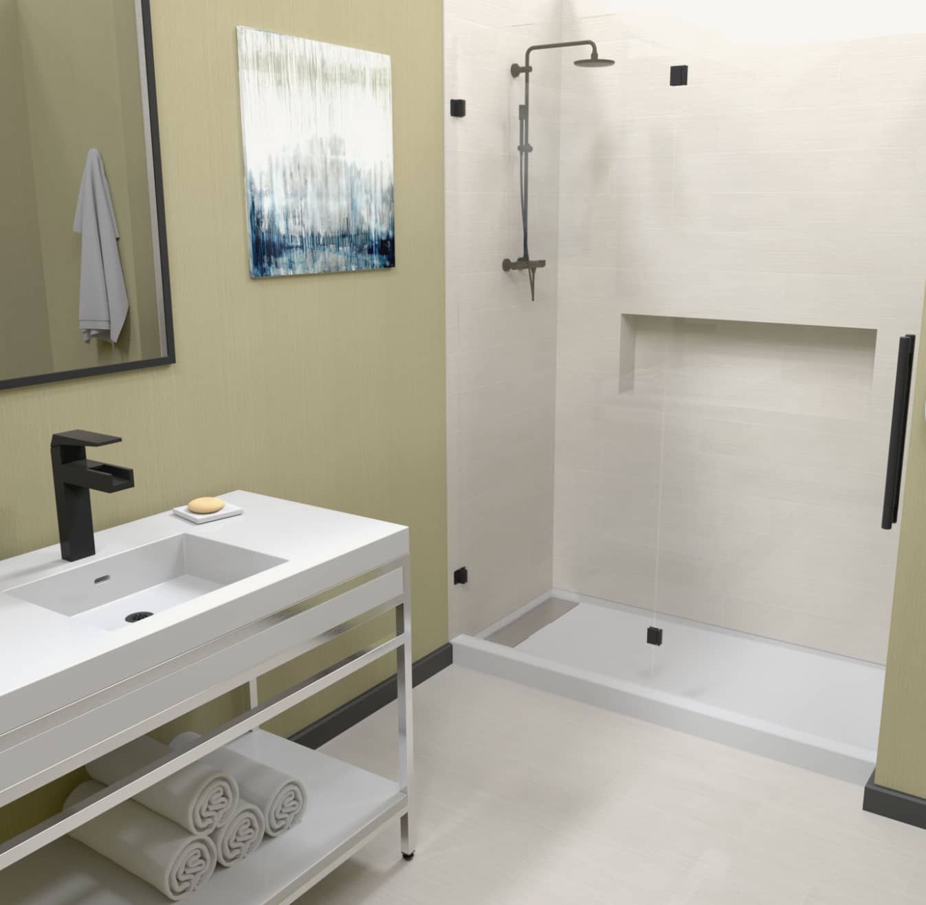 White SLAB™ solid surface shower base installed