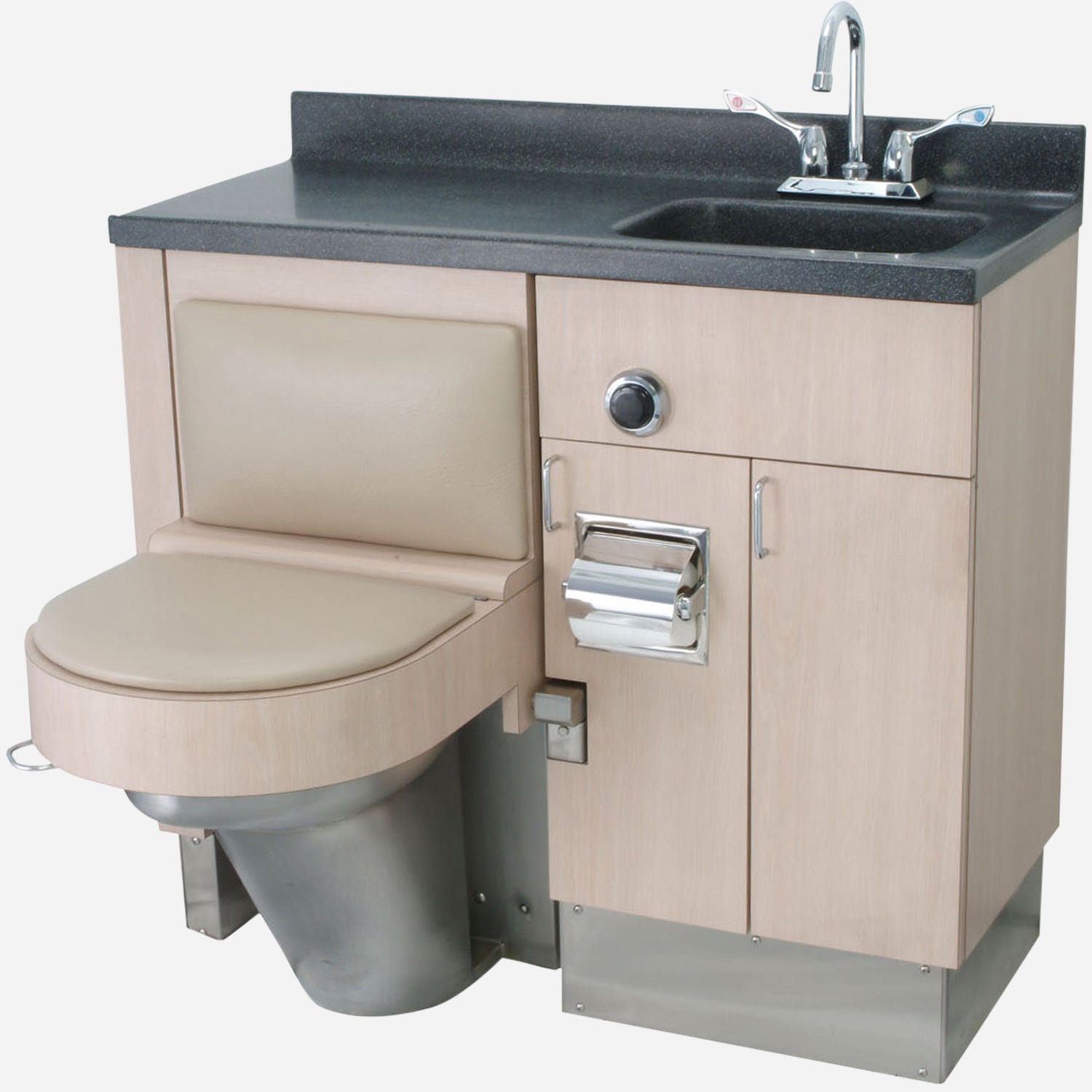 40" Wide Stainless Steel Frame Cabinet, Fixed Toilet with Bed Side Seat/Cover, Rectangular Lavatory