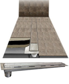 fig# SQ-TD-0303 Custom Trench Drain Stainless Steel Fabricated Pre-Sloped Body With Loose Set Tile In-Lay Tray