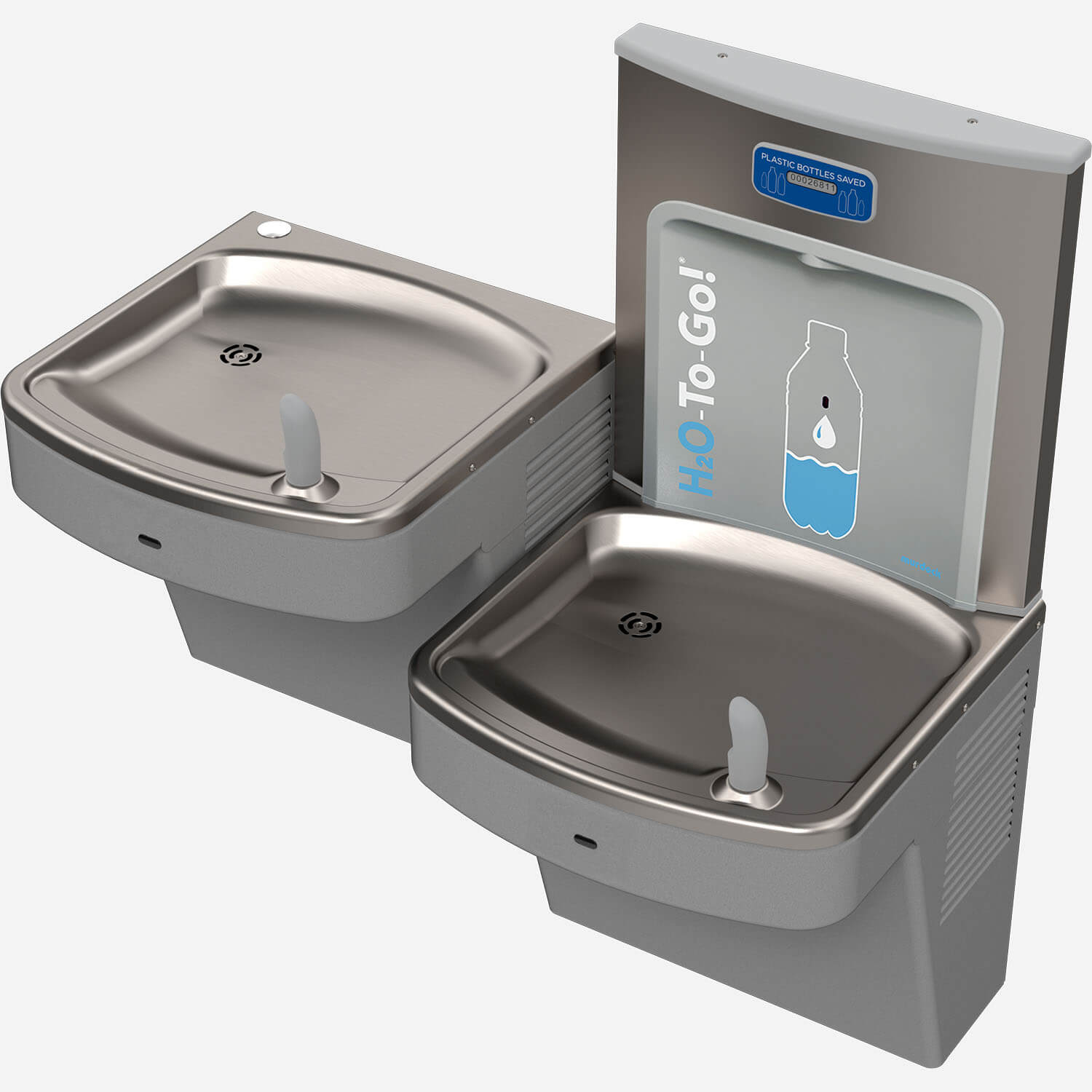 Wall-Mounted, Universal Bi-Level Touchless Drinking Fountain & H2O-to-Go!® Water Bottle Filling Station - In-Unit Refrigeration (8GPH), ADA, Stainless Steel