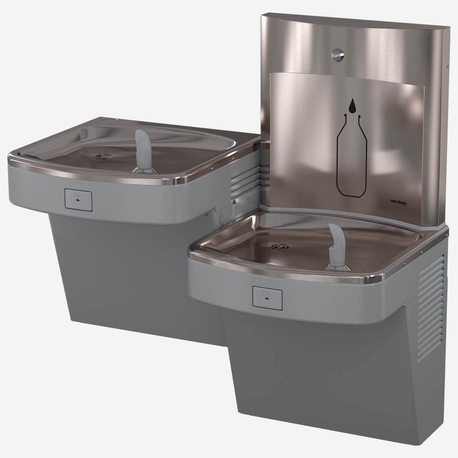 Wall-Mounted, Universal Bi-Level, Pushbutton Drinking Fountain with SpringH2O® All-Stainless Steel Water Bottle Filling Station - Non-Refrigerated, ADA