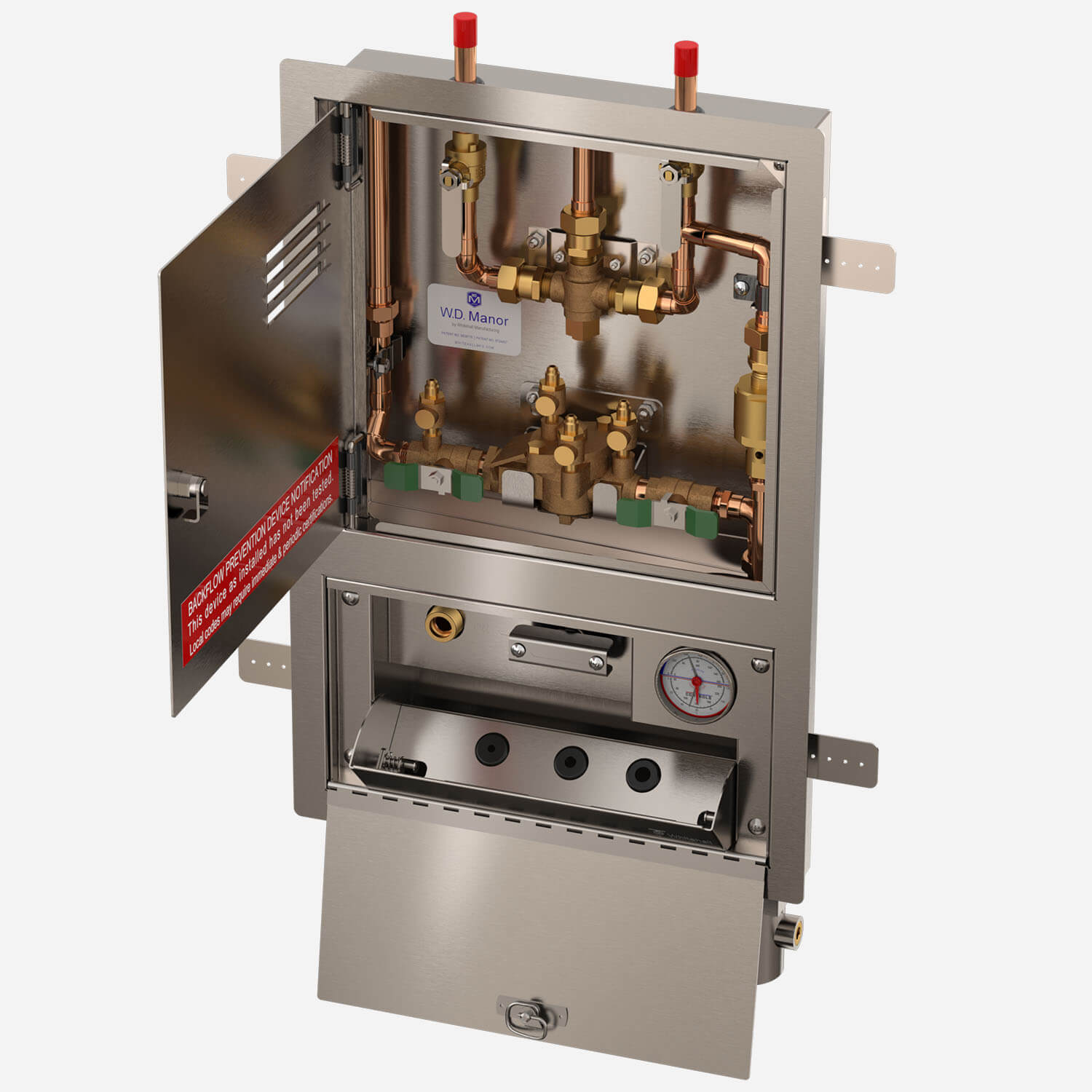 Recessed Stainless Steel Dual Door Dialysis Supply and Waste Box with Thermostatic Mixing Valve