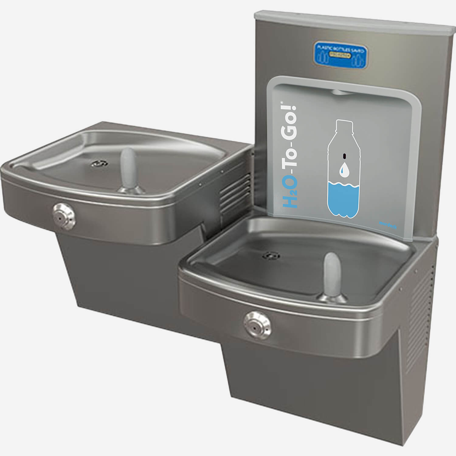 Vandal-Resistant, Wall-Mounted, Universal Bi-Level Push Button Drinking Fountain with H2O-to-Go!® Touchless Water Bottle Filling Station - In-Unit Refrigeration (8GPH), ADA, Stainless Steel