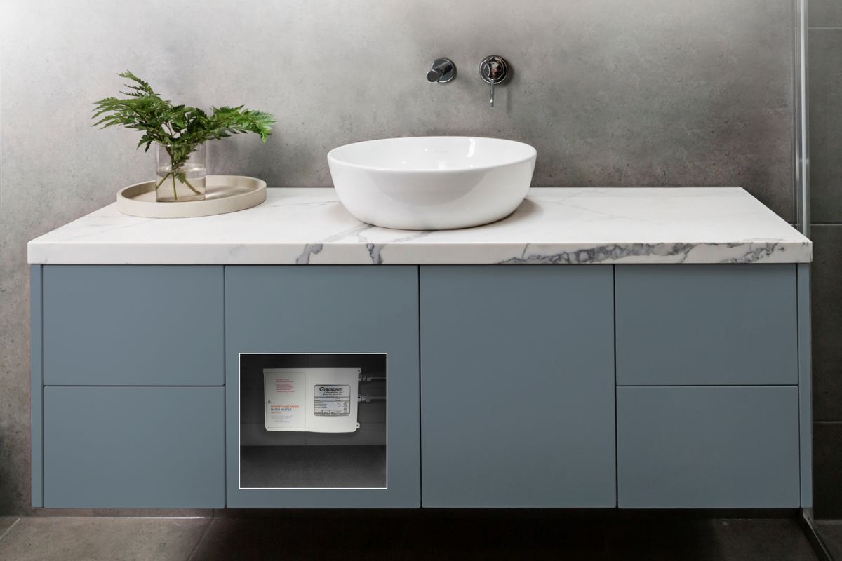 Chronomite instant hot water heater installed under sink in bathroom