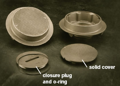 9720 - 8 1/2" Round Special Purpose Floor Drain with Solid Scoriated Cover and Closure Plug for Medium Duty Use with Options (hi res jpg)