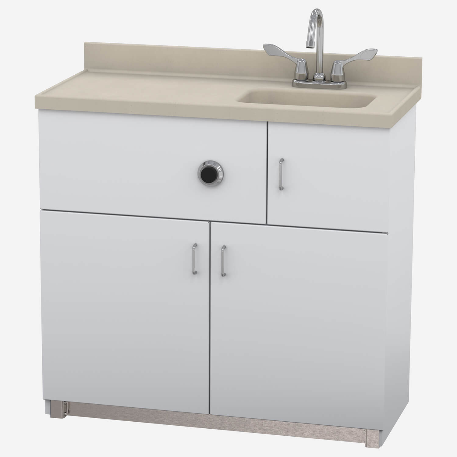 Free-Standing Cabinet, Pivoting Toilet, Rectangular Lavatory, Back Waste Outlet