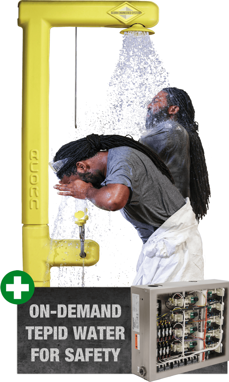 Man using an Acorn Safety emergency eye wash station