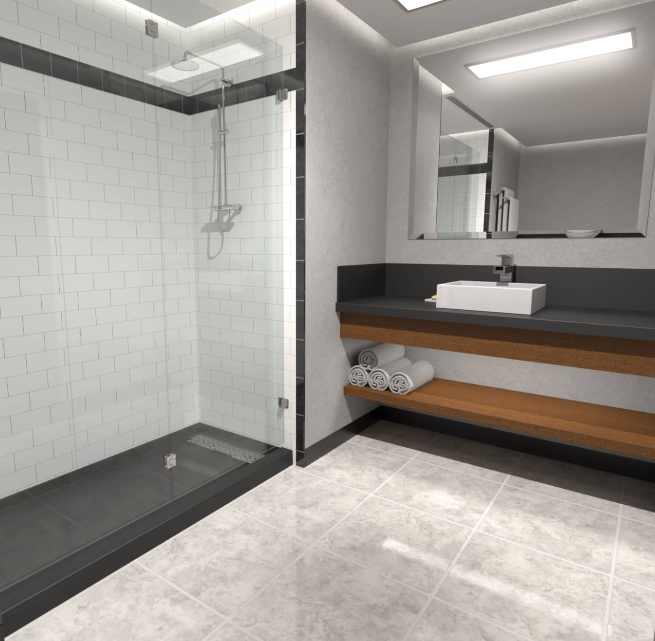 Black SLAB™ solid surface shower base installed