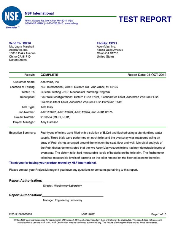 NSF International Test Report on AcornVac Vacuum Toilets