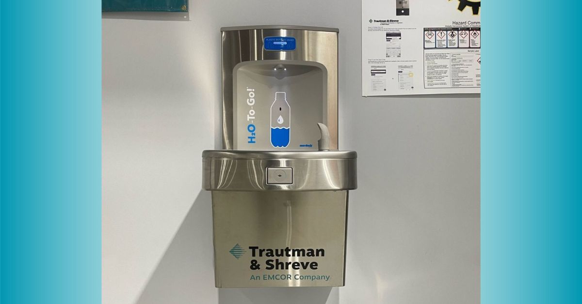 Murdock water bottle filler installed at Trautman & Shreve office featuring the company’s logo on the cooler.