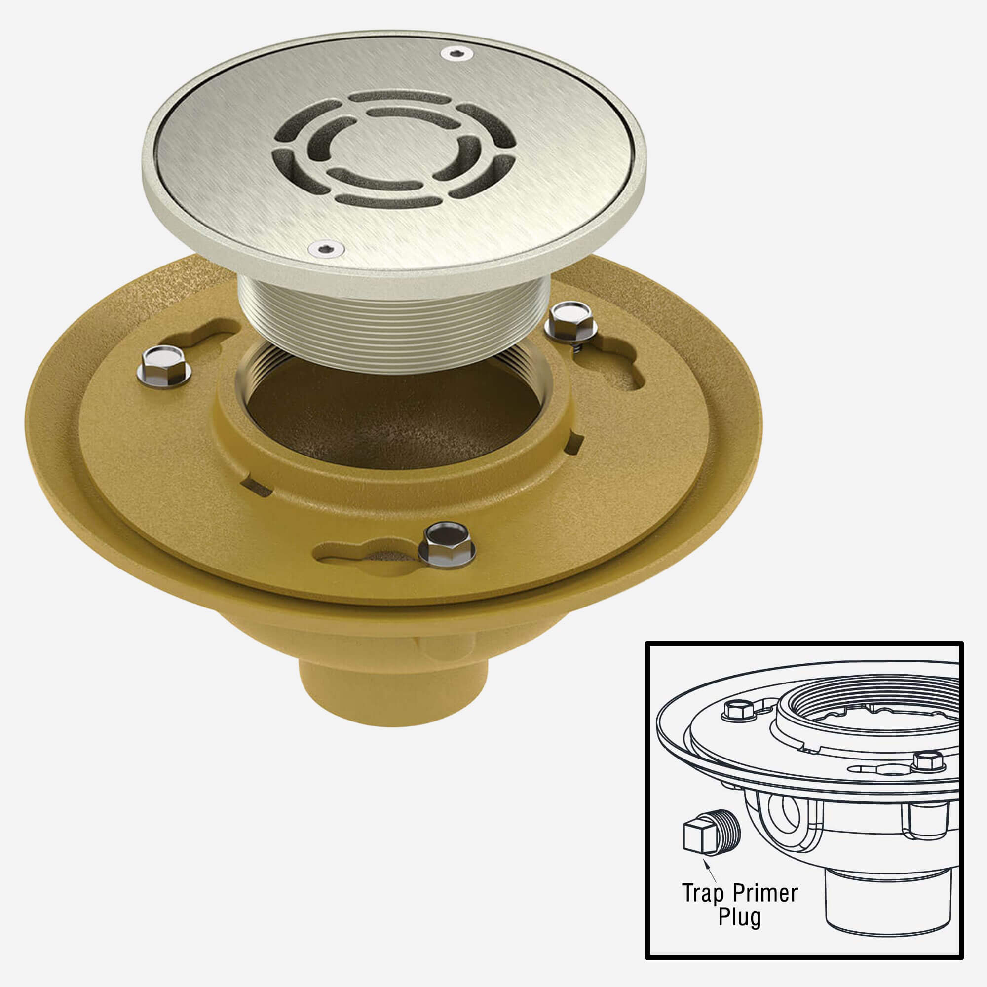 BestCare® Ligature-Resistant Floor Drain with Trap Primer Port - Nickel Bronze Grate