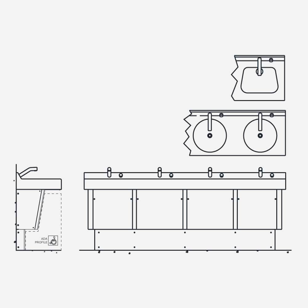 3714-2 Four-Station, On-Floor, Wall Waste Outlet