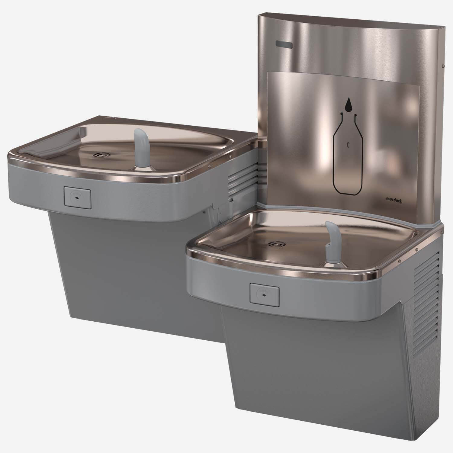Wall-Mounted, Universal Bi-Level, Pushbutton Drinking Fountain with SpringH2O® All-Stainless Steel Water Bottle Filling Station - In-Unit Refrigeration (8 GPH), ADA
