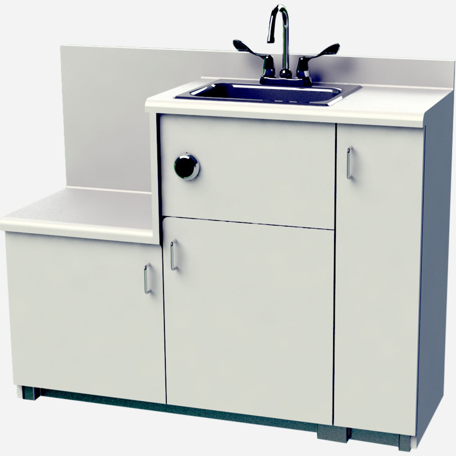 Free-Standing Cabinet with Bed Pan Washer and Built-in Seat, Pivoting Toilet, Rectangular Lavatory, Back Waste Outlet