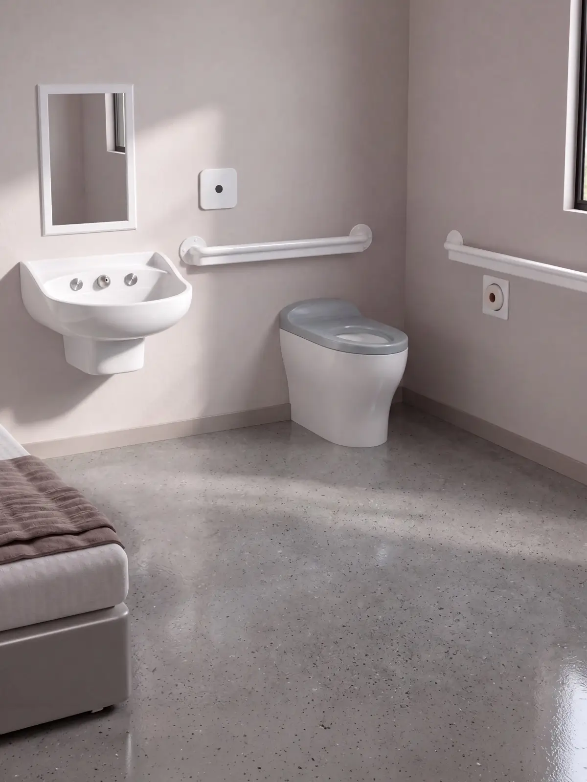 Justice-facility cell fitted with Acorn mirror, flush valve, grab bar, toilet paper holder and solid surface toilet