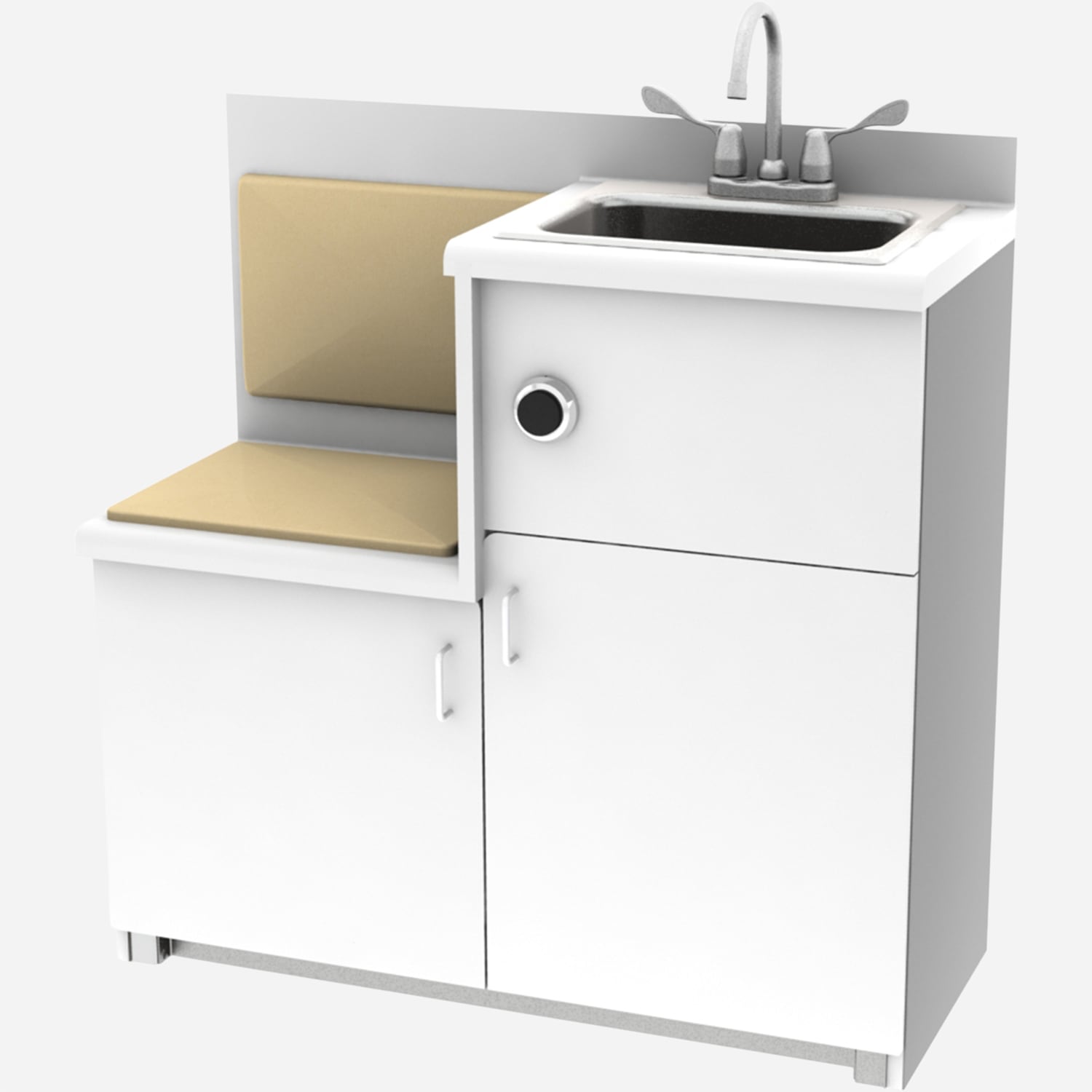Free-Standing Cabinet with Built-in Seat, Pivoting Toilet, Rectangular Lavatory, Back Waste Outlet