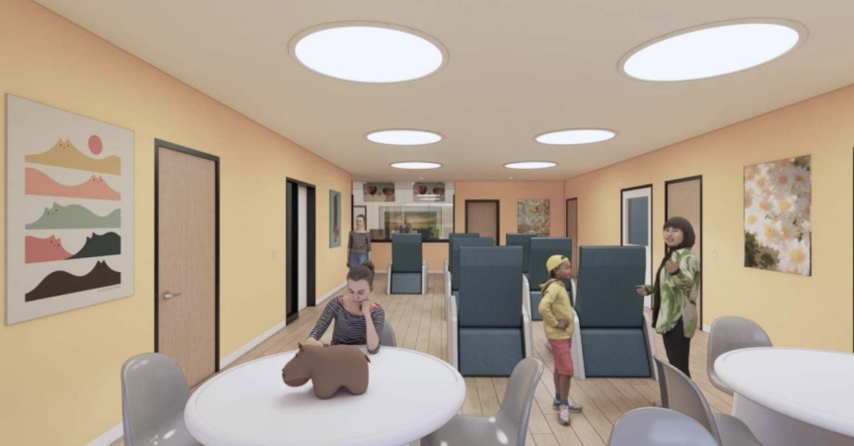 Spacious mixed use room with art on the walls