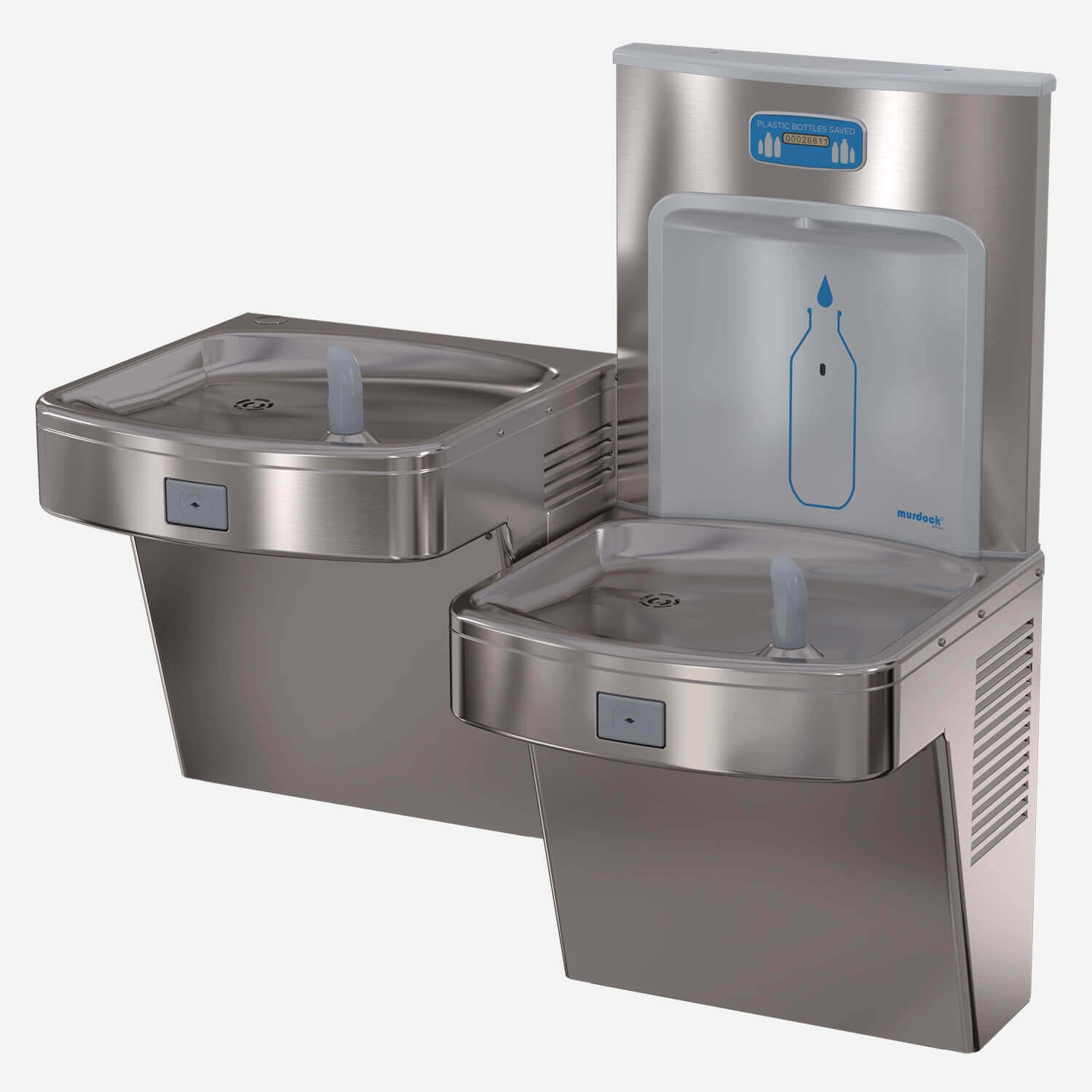 Wall-Mounted, Bi-Level, Push Button Drinking Fountain with H2O-to-Go!® Touchless Water Bottle Filling Station - Non-Refrigerated, ADA, Stainless Steel