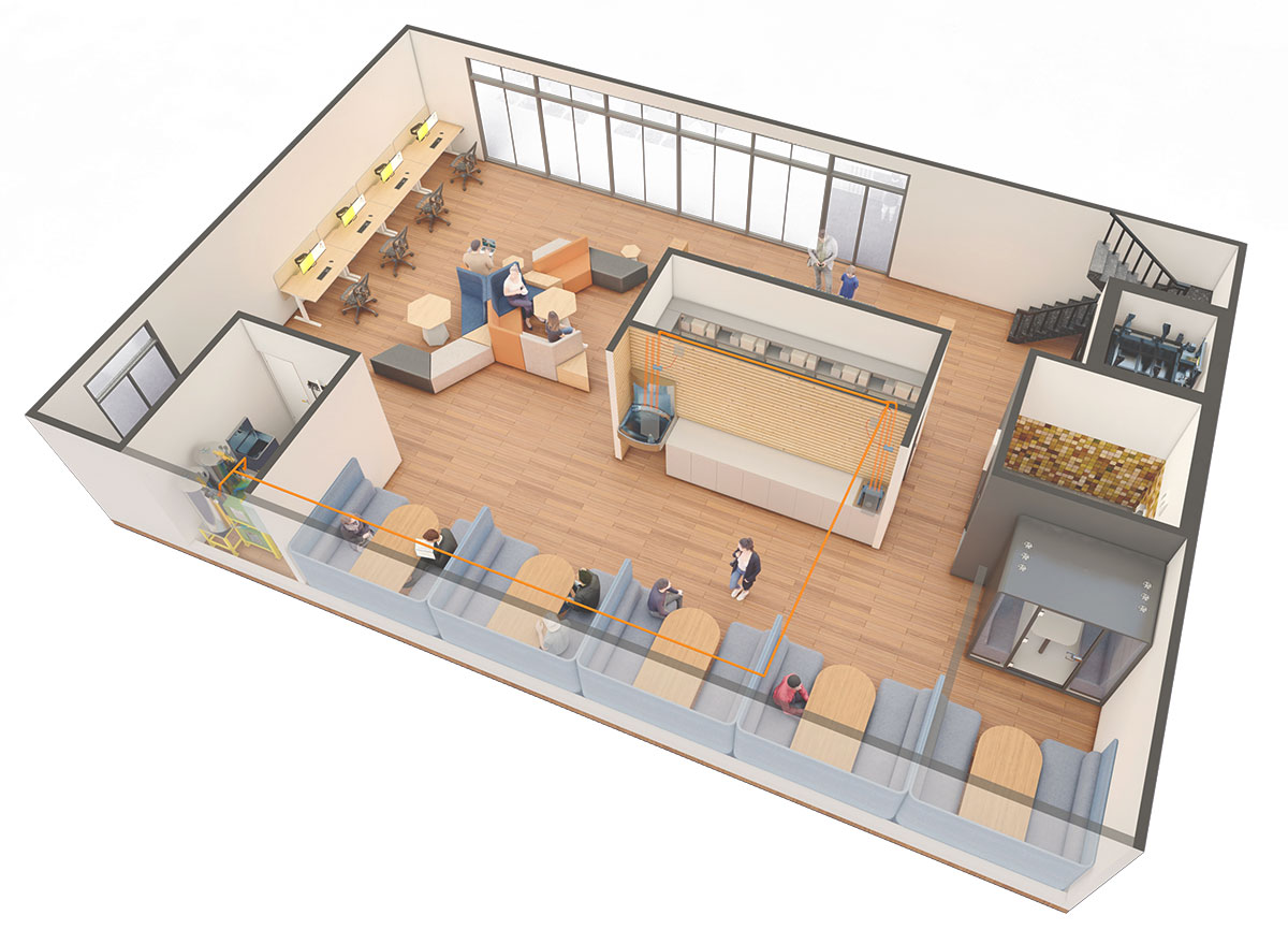 Rendering of a micro-café, showing vacuum plumbing piping hidden in the ceiling